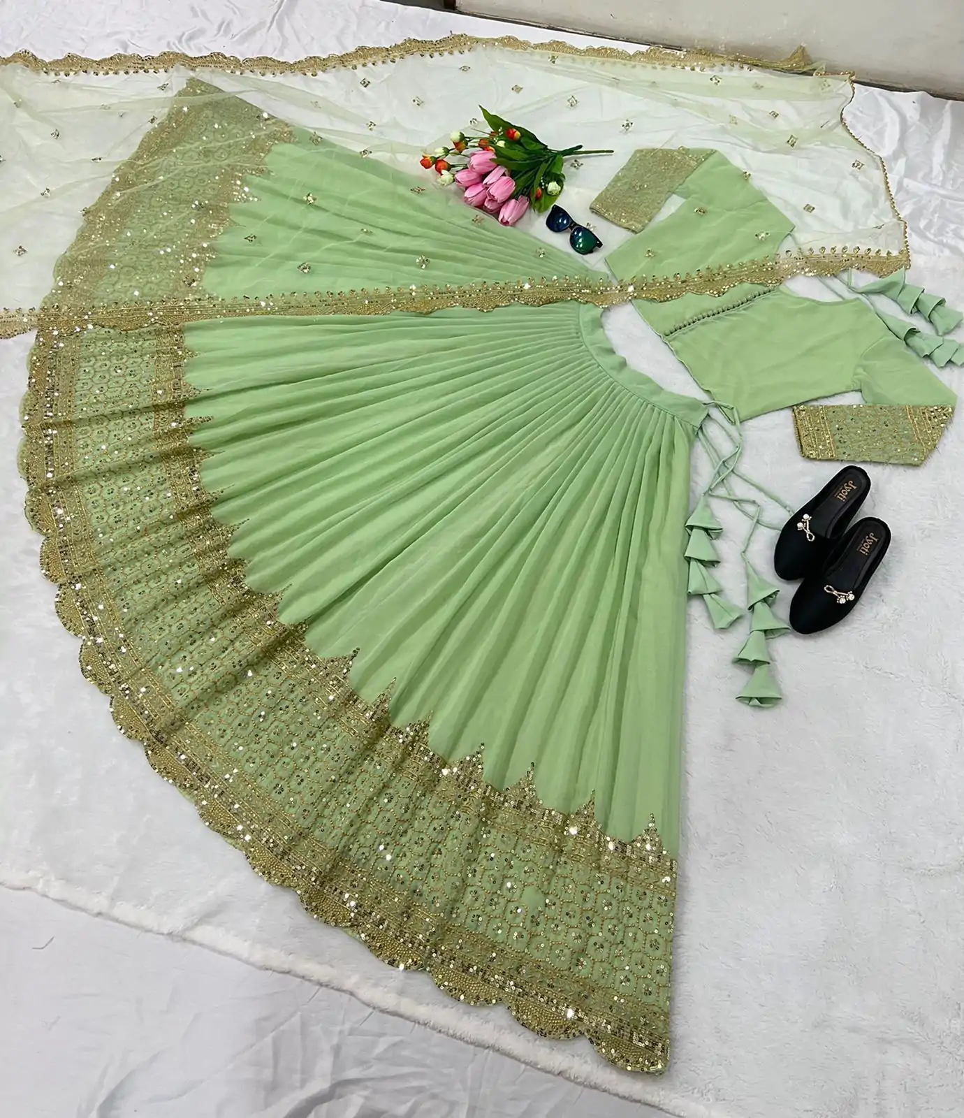 ZF 204 Pista Color Faux Georgette Heavy Embroidery Sequence Work Lehenga Choli Wedding, Party, Events Etc. Expected Delivery 4-6 Working Days 1899/- | Bollywood Lehenga, Creative Lehenga, Designer Lehenga, Embroidered Lehenga, Lehenga, Party Wear Lehenga