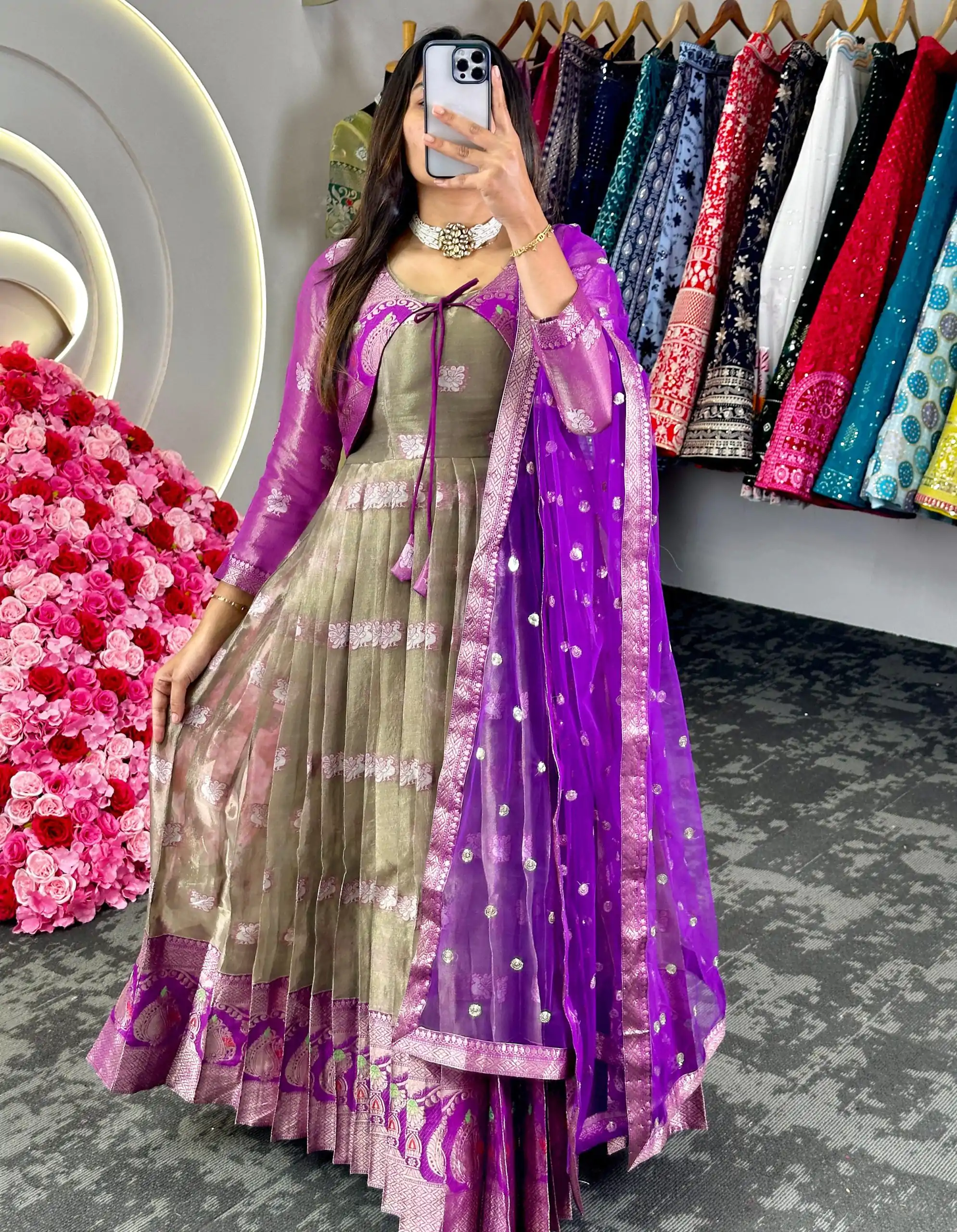 KD 8074 Purple Color Kota Silk Weaving Jacquard With Koti Gown Casual, Party, Wedding, Festive, Events Etc. Expected Delivery 4-6 Working Days @2099/- Only | Bollywood Gowns, Creative Gowns, Designer Gowns, Embroidered Gowns, Gowns, Party Wear Gowns