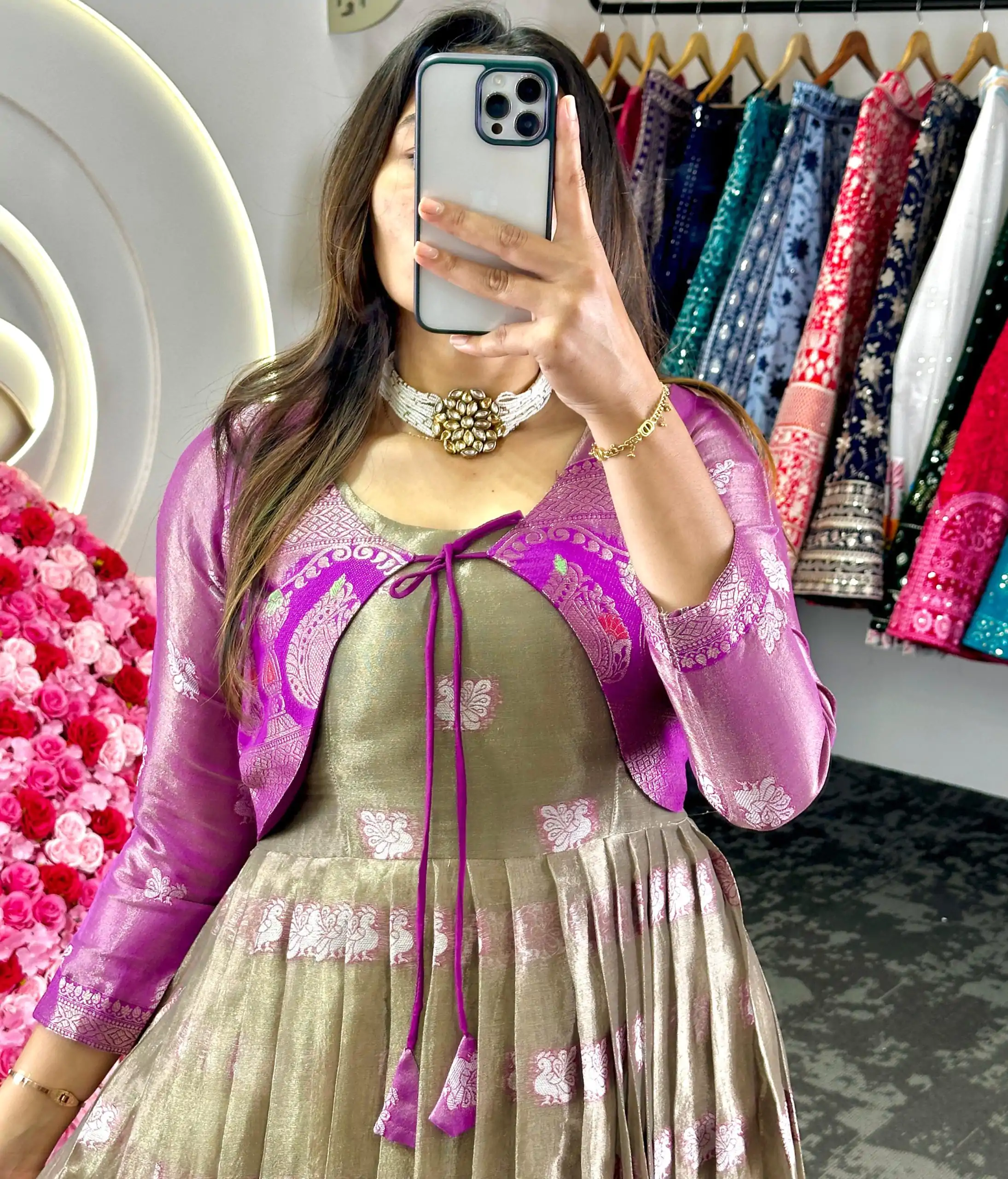 KD 8074 Purple Color Kota Silk Weaving Jacquard With Koti Gown Casual, Party, Wedding, Festive, Events Etc. Expected Delivery 4-6 Working Days @2099/- Only | Bollywood Gowns, Creative Gowns, Designer Gowns, Embroidered Gowns, Gowns, Party Wear Gowns