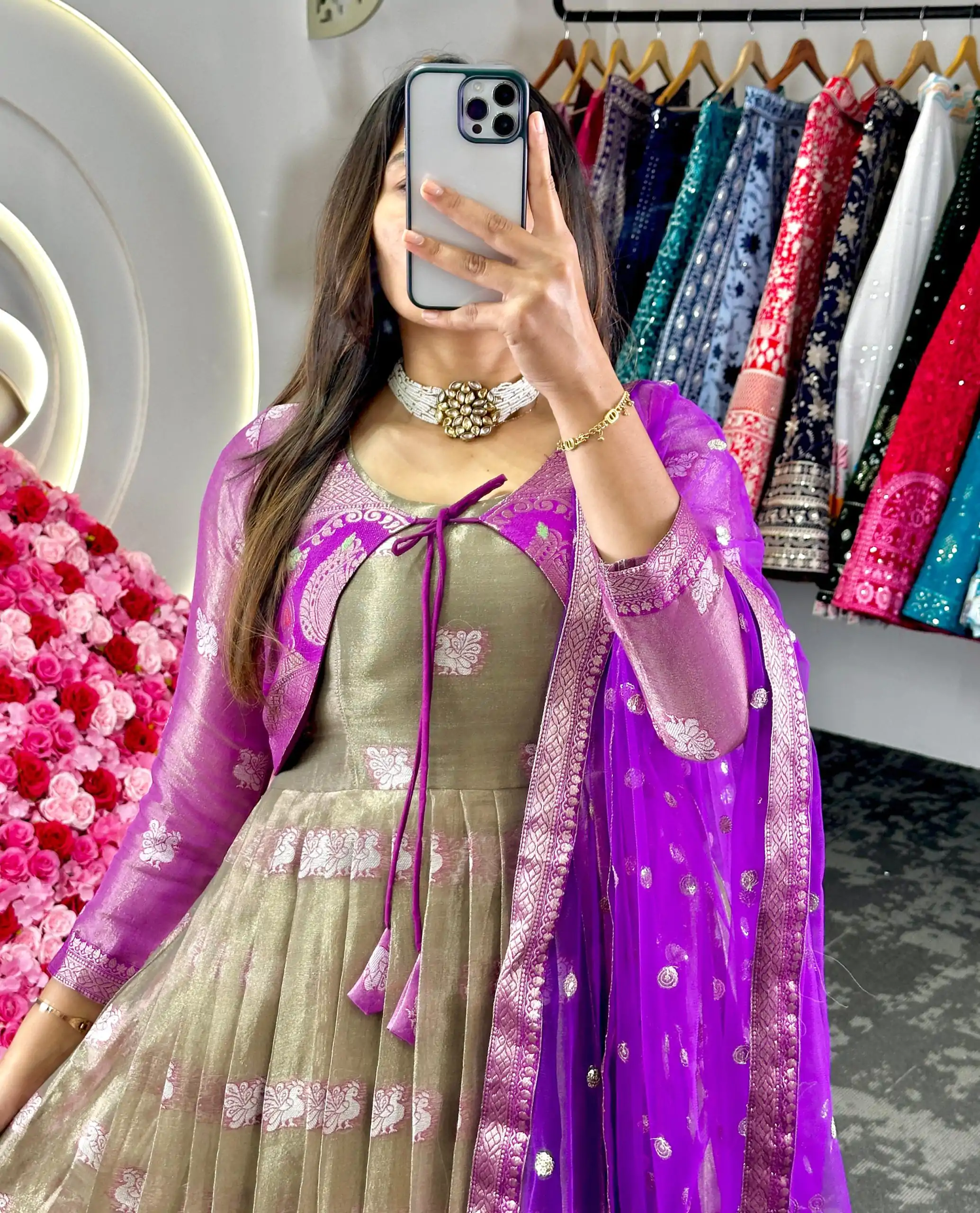 KD 8074 Purple Color Kota Silk Weaving Jacquard With Koti Gown Casual, Party, Wedding, Festive, Events Etc. Expected Delivery 4-6 Working Days @2099/- Only | Bollywood Gowns, Creative Gowns, Designer Gowns, Embroidered Gowns, Gowns, Party Wear Gowns