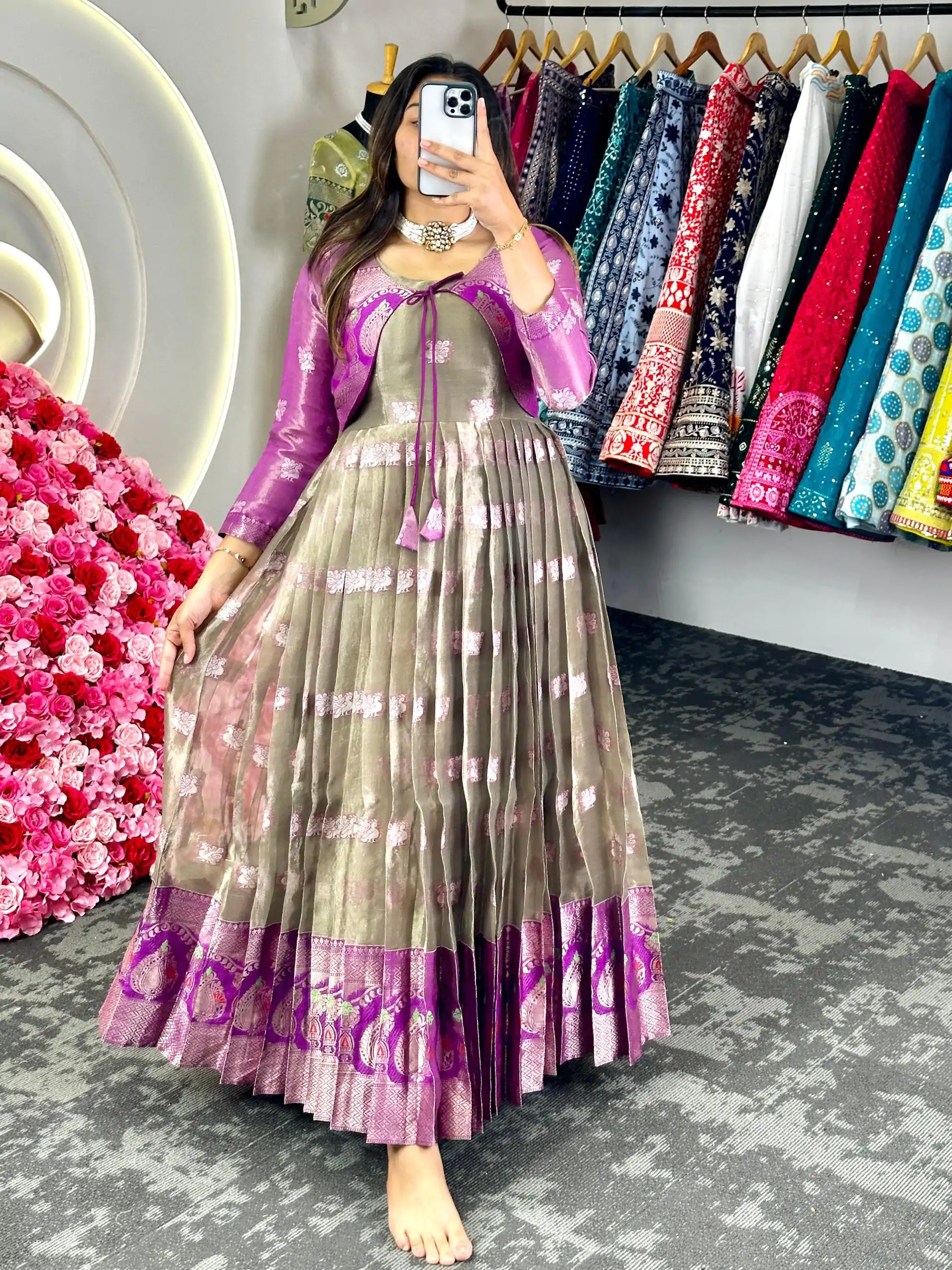 KD 8074 Purple Color Kota Silk Weaving Jacquard With Koti Gown Casual, Party, Wedding, Festive, Events Etc. Expected Delivery 4-6 Working Days @2099/- Only | Bollywood Gowns, Creative Gowns, Designer Gowns, Embroidered Gowns, Gowns, Party Wear Gowns