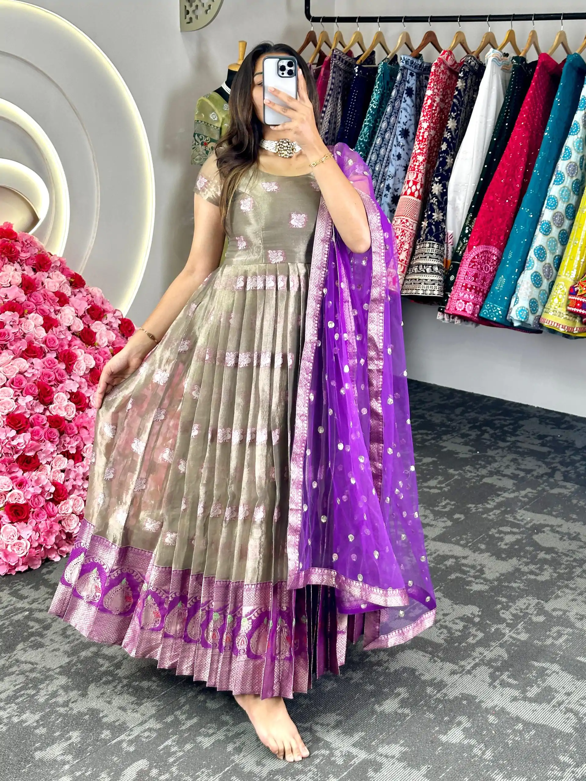 KD 8074 Purple Color Kota Silk Weaving Jacquard With Koti Gown Casual, Party, Wedding, Festive, Events Etc. Expected Delivery 4-6 Working Days @2099/- Only | Bollywood Gowns, Creative Gowns, Designer Gowns, Embroidered Gowns, Gowns, Party Wear Gowns