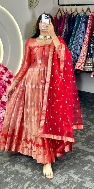 KD 8074 Red Color Kota Silk Weaving Jacquard With Koti Gown Casual, Party, Wedding, Festive, Events Etc. Expected Delivery 4-6 Working Days @2099/- Only | Bollywood Gowns, Creative Gowns, Designer Gowns, Embroidered Gowns, Gowns, Party Wear Gowns