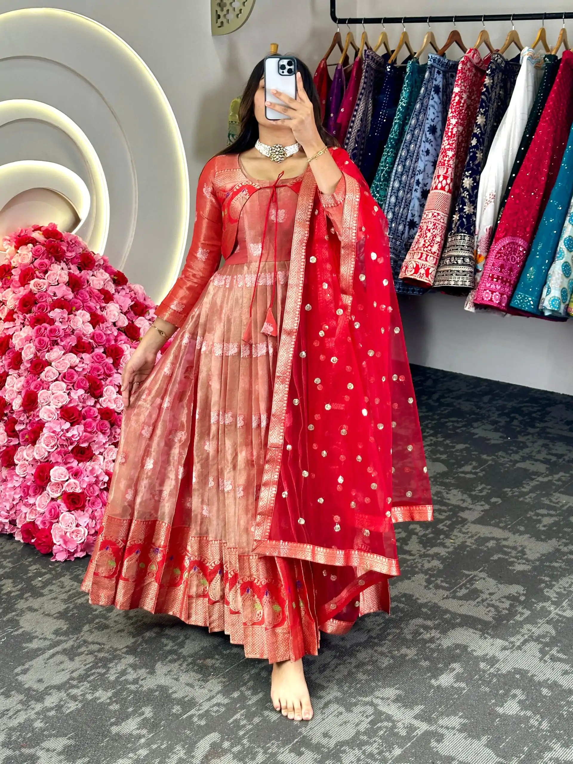 KD 8074 Red Color Kota Silk Weaving Jacquard With Koti Gown Casual, Party, Wedding, Festive, Events Etc. Expected Delivery 4-6 Working Days @2099/- Only | Bollywood Gowns, Creative Gowns, Designer Gowns, Embroidered Gowns, Gowns, Party Wear Gowns