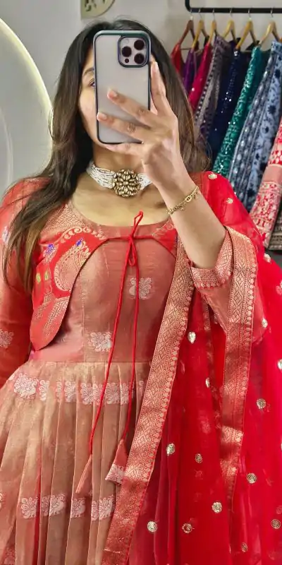 KD 8074 Red Color Kota Silk Weaving Jacquard With Koti Gown Casual, Party, Wedding, Festive, Events Etc. Expected Delivery 4-6 Working Days @2099/- Only | Bollywood Gowns, Creative Gowns, Designer Gowns, Embroidered Gowns, Gowns, Party Wear Gowns