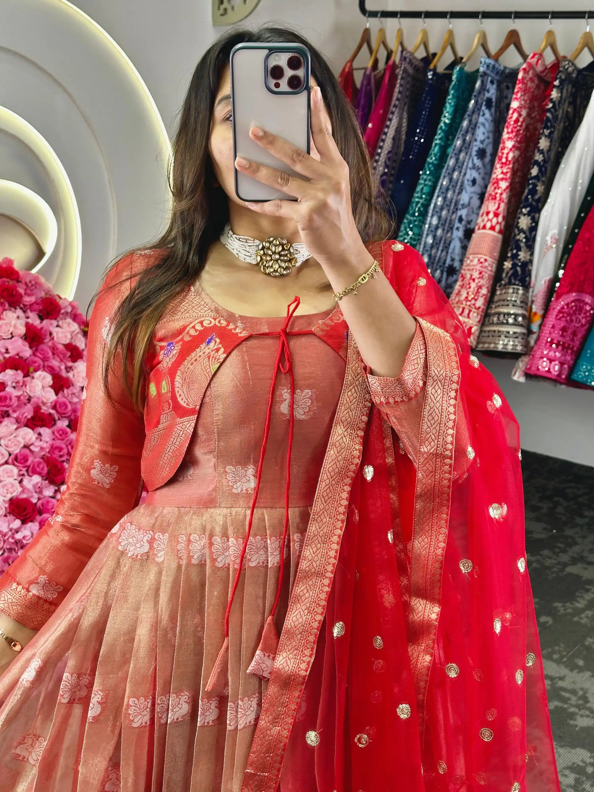 KD 8074 Red Color Kota Silk Weaving Jacquard With Koti Gown Casual, Party, Wedding, Festive, Events Etc. Expected Delivery 4-6 Working Days @2099/- Only | Bollywood Gowns, Creative Gowns, Designer Gowns, Embroidered Gowns, Gowns, Party Wear Gowns