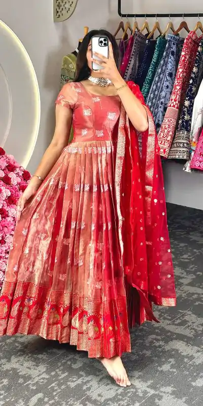 KD 8074 Red Color Kota Silk Weaving Jacquard With Koti Gown Casual, Party, Wedding, Festive, Events Etc. Expected Delivery 4-6 Working Days @2099/- Only | Bollywood Gowns, Creative Gowns, Designer Gowns, Embroidered Gowns, Gowns, Party Wear Gowns