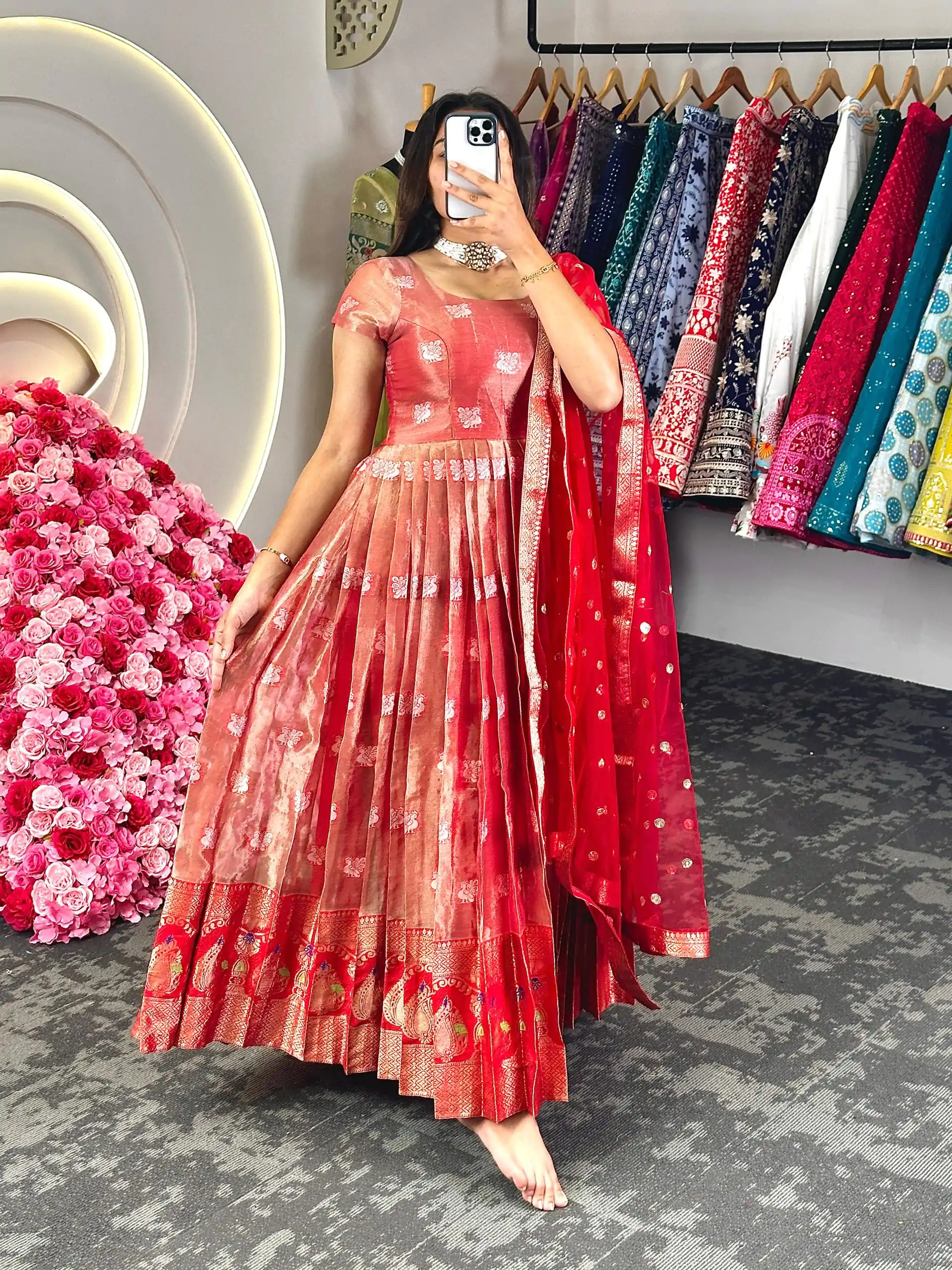KD 8074 Red Color Kota Silk Weaving Jacquard With Koti Gown Casual, Party, Wedding, Festive, Events Etc. Expected Delivery 4-6 Working Days @2099/- Only | Bollywood Gowns, Creative Gowns, Designer Gowns, Embroidered Gowns, Gowns, Party Wear Gowns