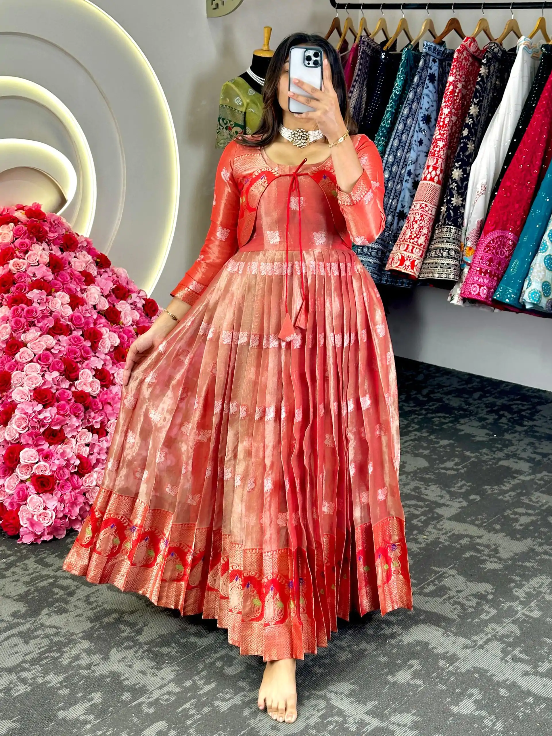 KD 8074 Red Color Kota Silk Weaving Jacquard With Koti Gown Casual, Party, Wedding, Festive, Events Etc. Expected Delivery 4-6 Working Days @2099/- Only | Bollywood Gowns, Creative Gowns, Designer Gowns, Embroidered Gowns, Gowns, Party Wear Gowns