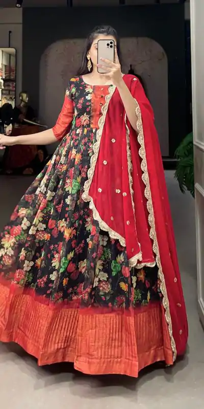 YNF 5022 Black Color Soft Chanderi Printed Weaving Work Gown Casual, Wedding, Festive, Events, Designer Party Wear, Delivery 4-6 Working Days @1899 | Bollywood Gowns, Creative Gowns, Designer Gowns, Embroidered Gowns, Gowns, Party Wear Gowns