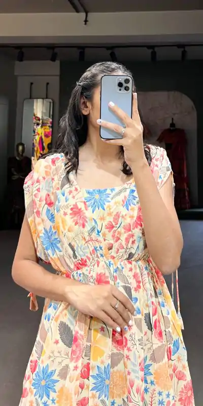YNF 5015 Mustard Color Georgette Floral printed Gown Casual, Wedding, Festive, Events, Designer Party Wear, Delivery 4-6 Working Days @1649 | Bollywood Gowns, Creative Gowns, Designer Gowns, Embroidered Gowns, Gowns, Party Wear Gowns
