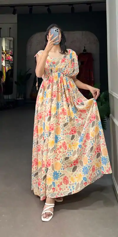 YNF 5015 Mustard Color Georgette Floral printed Gown Casual, Wedding, Festive, Events, Designer Party Wear, Delivery 4-6 Working Days @1649 | Bollywood Gowns, Creative Gowns, Designer Gowns, Embroidered Gowns, Gowns, Party Wear Gowns