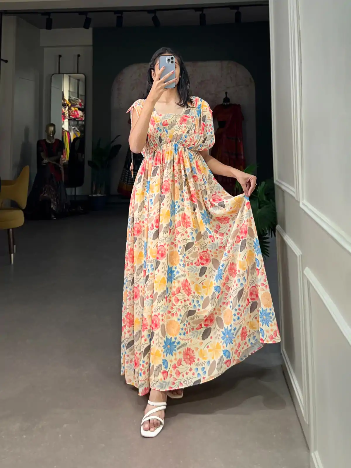 YNF 5015 Mustard Color Georgette Floral printed Gown Casual, Wedding, Festive, Events, Designer Party Wear, Delivery 4-6 Working Days @1649 | Bollywood Gowns, Creative Gowns, Designer Gowns, Embroidered Gowns, Gowns, Party Wear Gowns