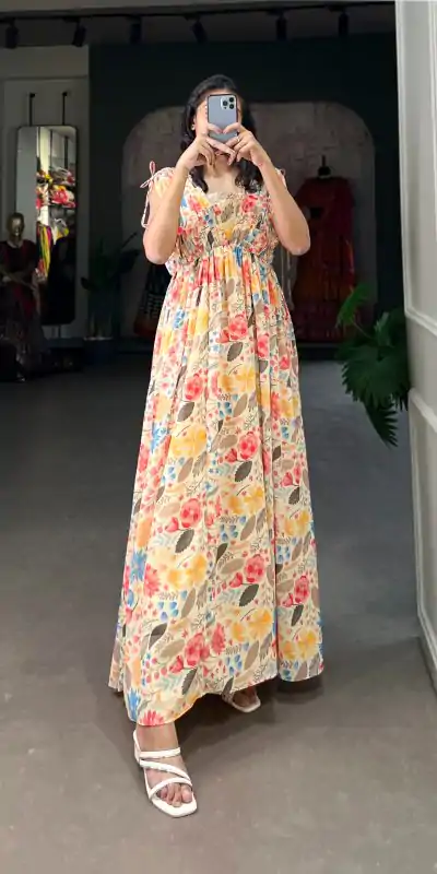 YNF 5015 Mustard Color Georgette Floral printed Gown Casual, Wedding, Festive, Events, Designer Party Wear, Delivery 4-6 Working Days @1649 | Bollywood Gowns, Creative Gowns, Designer Gowns, Embroidered Gowns, Gowns, Party Wear Gowns