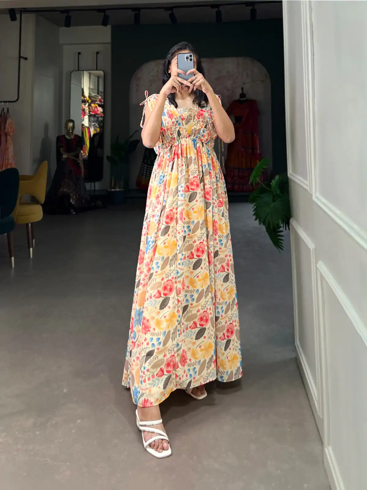 YNF 5015 Mustard Color Georgette Floral printed Gown Casual, Wedding, Festive, Events, Designer Party Wear, Delivery 4-6 Working Days @1649 | Bollywood Gowns, Creative Gowns, Designer Gowns, Embroidered Gowns, Gowns, Party Wear Gowns