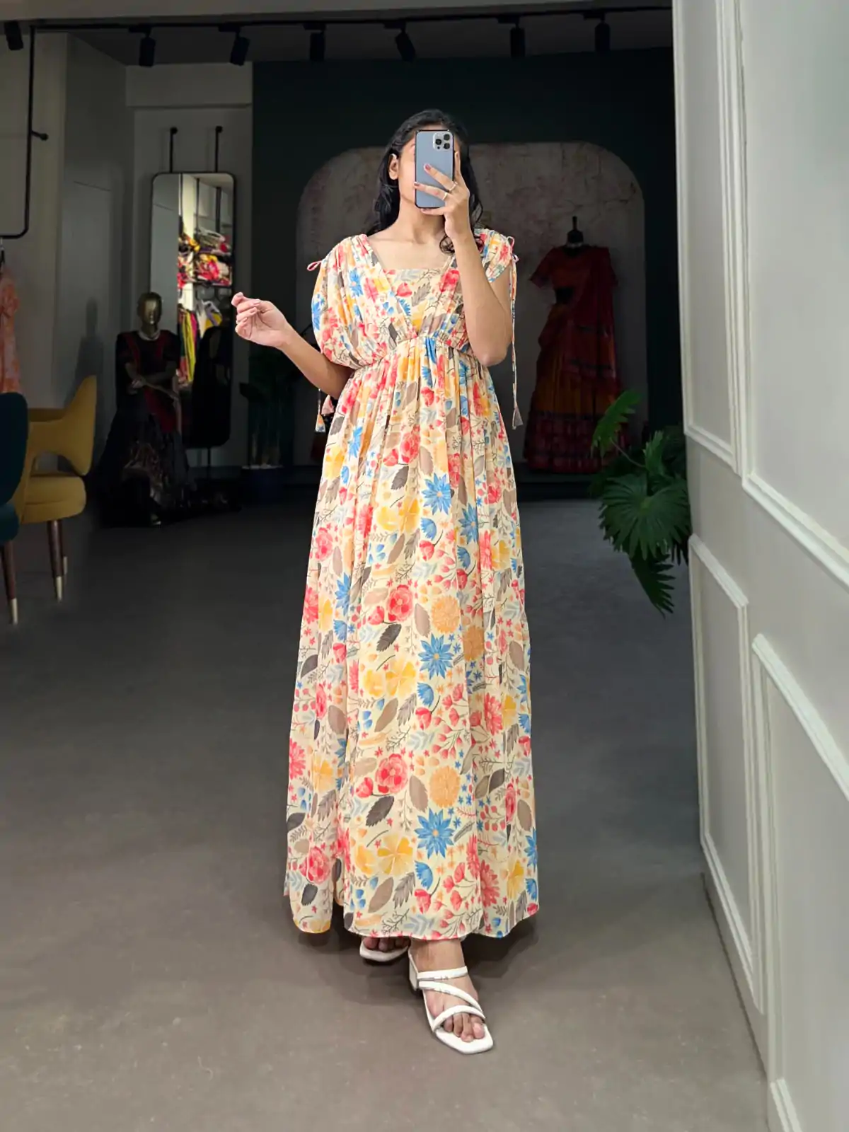 YNF 5015 Mustard Color Georgette Floral printed Gown Casual, Wedding, Festive, Events, Designer Party Wear, Delivery 4-6 Working Days @1649 | Bollywood Gowns, Creative Gowns, Designer Gowns, Embroidered Gowns, Gowns, Party Wear Gowns