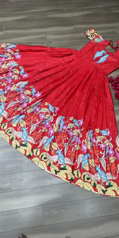 PC 307 Red Color Chant Crepe Kalamkari Printed Gown Casual, Party Wear, Events, Festivals Wear Etc. Expected Delivery 4-6 Working Days @1899/- | Bollywood Gowns, Creative Gowns, Designer Gowns, Embroidered Gowns, Gowns, Party Wear Gowns