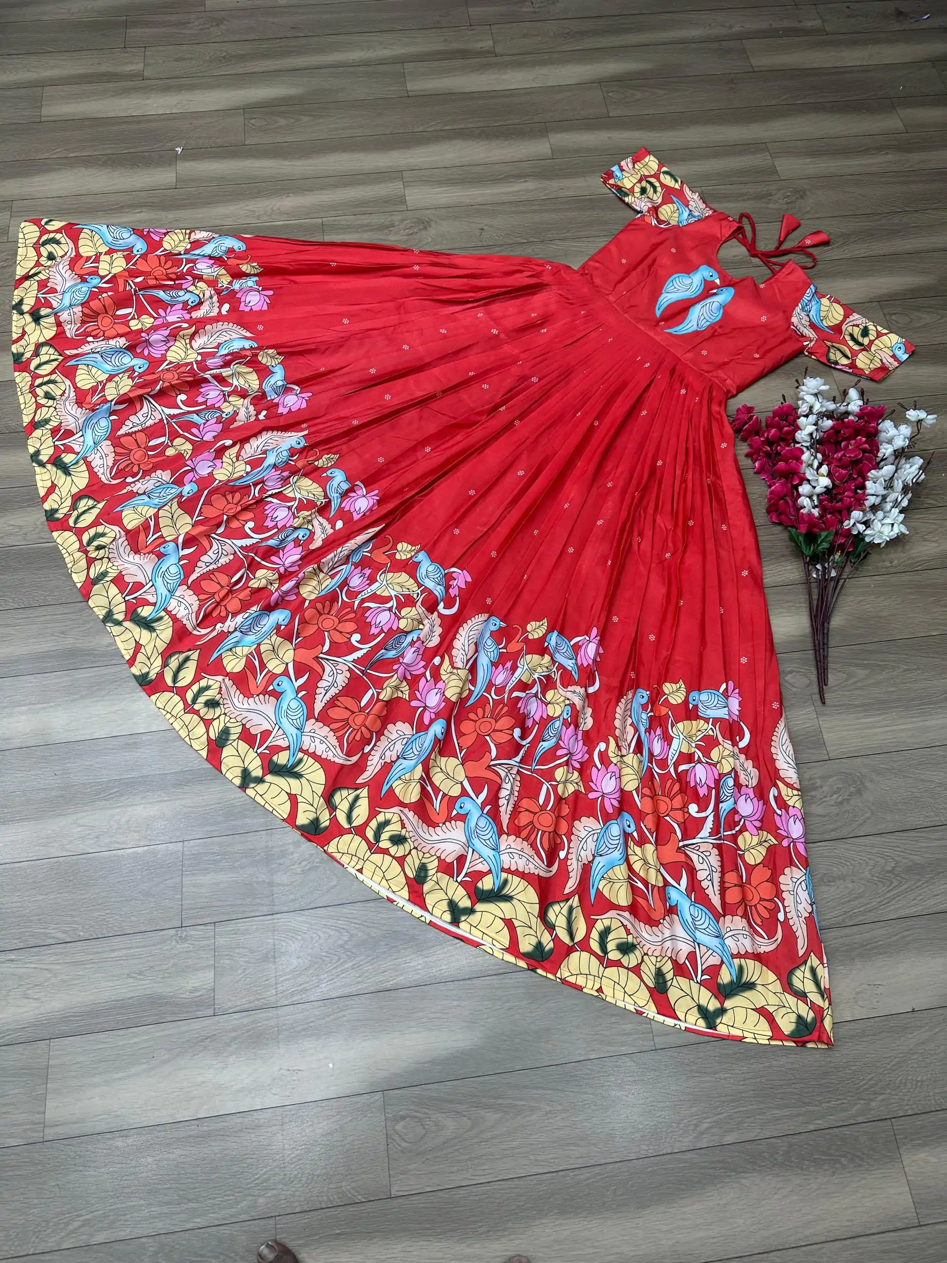PC 307 Red Color Chant Crepe Kalamkari Printed Gown Casual, Party Wear, Events, Festivals Wear Etc. Expected Delivery 4-6 Working Days @1899/- | Bollywood Gowns, Creative Gowns, Designer Gowns, Embroidered Gowns, Gowns, Party Wear Gowns