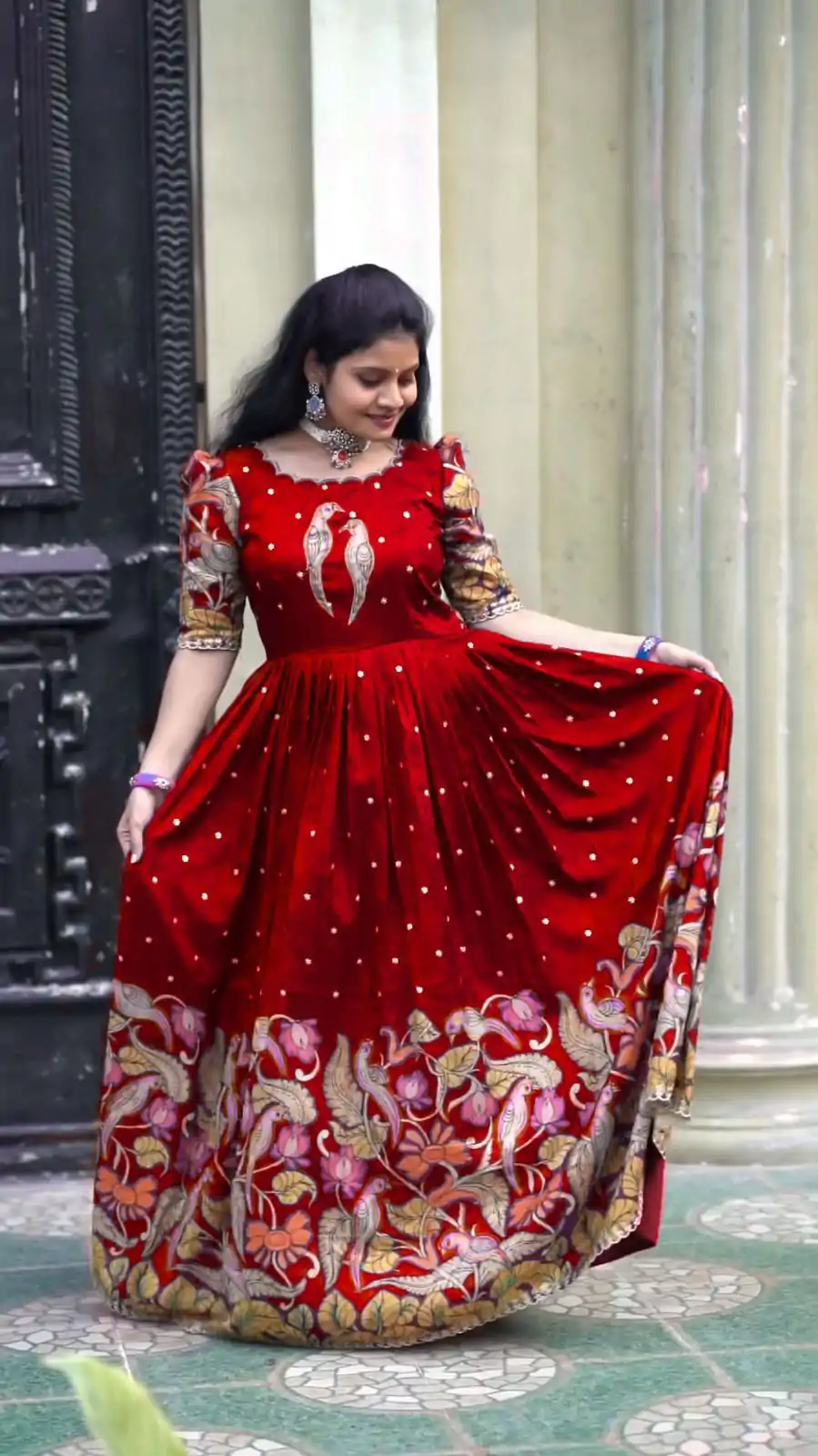 PC 307 Red Color Chant Crepe Kalamkari Printed Gown Casual, Party Wear, Events, Festivals Wear Etc. Expected Delivery 4-6 Working Days @1899/- | Bollywood Gowns, Creative Gowns, Designer Gowns, Embroidered Gowns, Gowns, Party Wear Gowns
