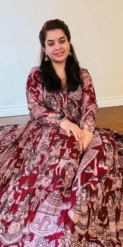 PC 363 Red Color Chant Crepe Kalamkari printed Work Gown Casual, Party Wear, Events, Festivals Wear Etc. Expected Delivery 4-6 Working Days @2029/- | Bollywood Gowns, Creative Gowns, Designer Gowns, Embroidered Gowns, Gowns, Party Wear Gowns