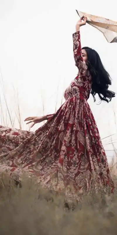 PC 363 Red Color Chant Crepe Kalamkari printed Work Gown Casual, Party Wear, Events, Festivals Wear Etc. Expected Delivery 4-6 Working Days @2029/- | Bollywood Gowns, Creative Gowns, Designer Gowns, Embroidered Gowns, Gowns, Party Wear Gowns