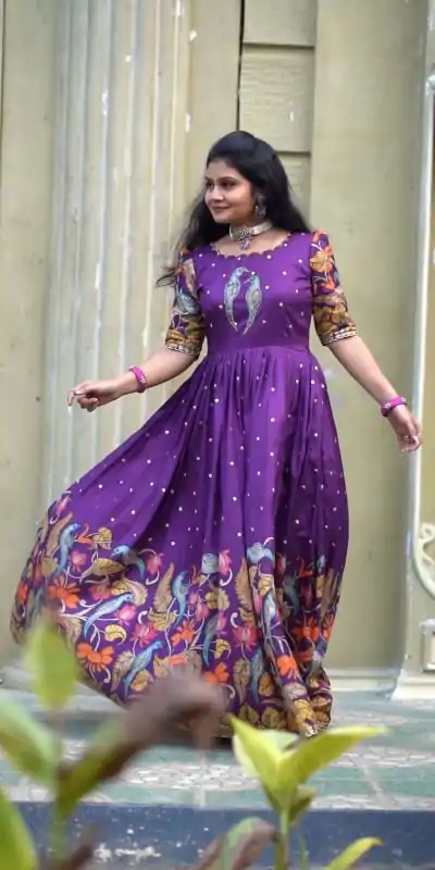 PC 307 Violet Color Chant Crepe Kalamkari Printed Gown Casual, Party Wear, Events, Festivals Wear Etc. Expected Delivery 4-6 Working Days @1899/- | Bollywood Gowns, Creative Gowns, Designer Gowns, Embroidered Gowns, Gowns, Party Wear Gowns