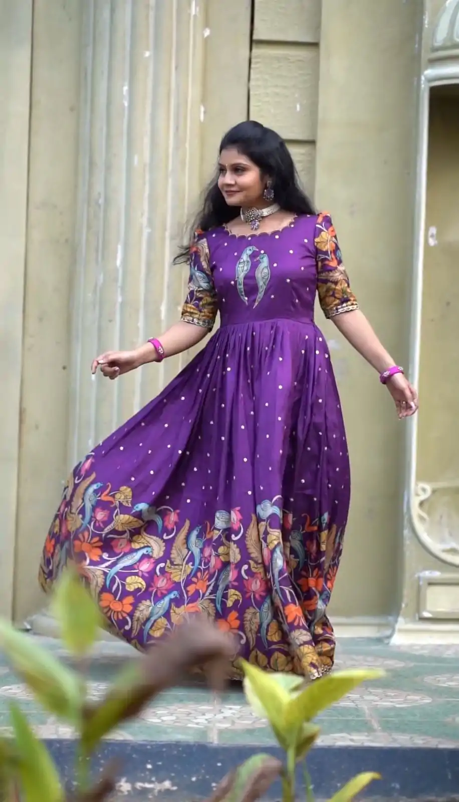 PC 307 Violet Color Chant Crepe Kalamkari Printed Gown Casual, Party Wear, Events, Festivals Wear Etc. Expected Delivery 4-6 Working Days @1899/- | Bollywood Gowns, Creative Gowns, Designer Gowns, Embroidered Gowns, Gowns, Party Wear Gowns