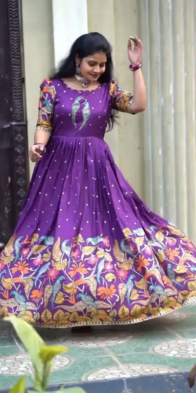 PC 307 Violet Color Chant Crepe Kalamkari Printed Gown Casual, Party Wear, Events, Festivals Wear Etc. Expected Delivery 4-6 Working Days @1899/- | Bollywood Gowns, Creative Gowns, Designer Gowns, Embroidered Gowns, Gowns, Party Wear Gowns