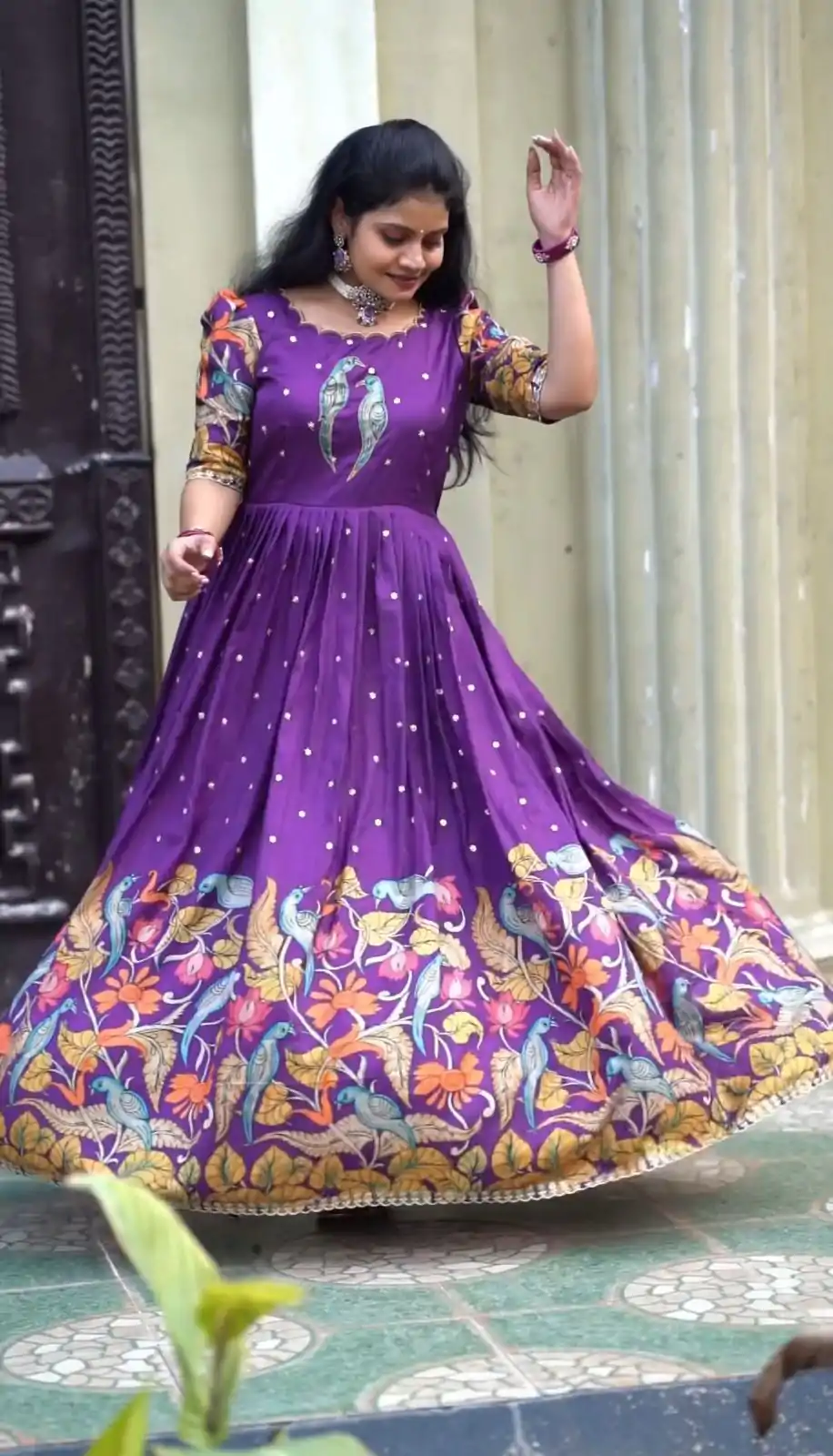 PC 307 Violet Color Chant Crepe Kalamkari Printed Gown Casual, Party Wear, Events, Festivals Wear Etc. Expected Delivery 4-6 Working Days @1899/- | Bollywood Gowns, Creative Gowns, Designer Gowns, Embroidered Gowns, Gowns, Party Wear Gowns