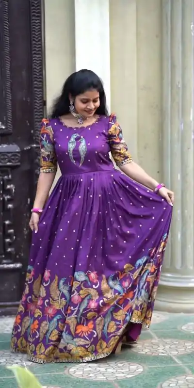 PC 307 Violet Color Chant Crepe Kalamkari Printed Gown Casual, Party Wear, Events, Festivals Wear Etc. Expected Delivery 4-6 Working Days @1899/- | Bollywood Gowns, Creative Gowns, Designer Gowns, Embroidered Gowns, Gowns, Party Wear Gowns