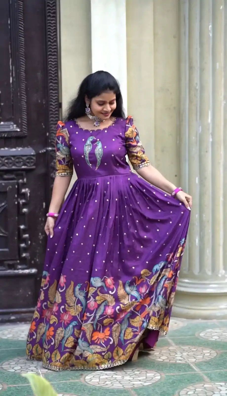 PC 307 Violet Color Chant Crepe Kalamkari Printed Gown Casual, Party Wear, Events, Festivals Wear Etc. Expected Delivery 4-6 Working Days @1899/- | Bollywood Gowns, Creative Gowns, Designer Gowns, Embroidered Gowns, Gowns, Party Wear Gowns