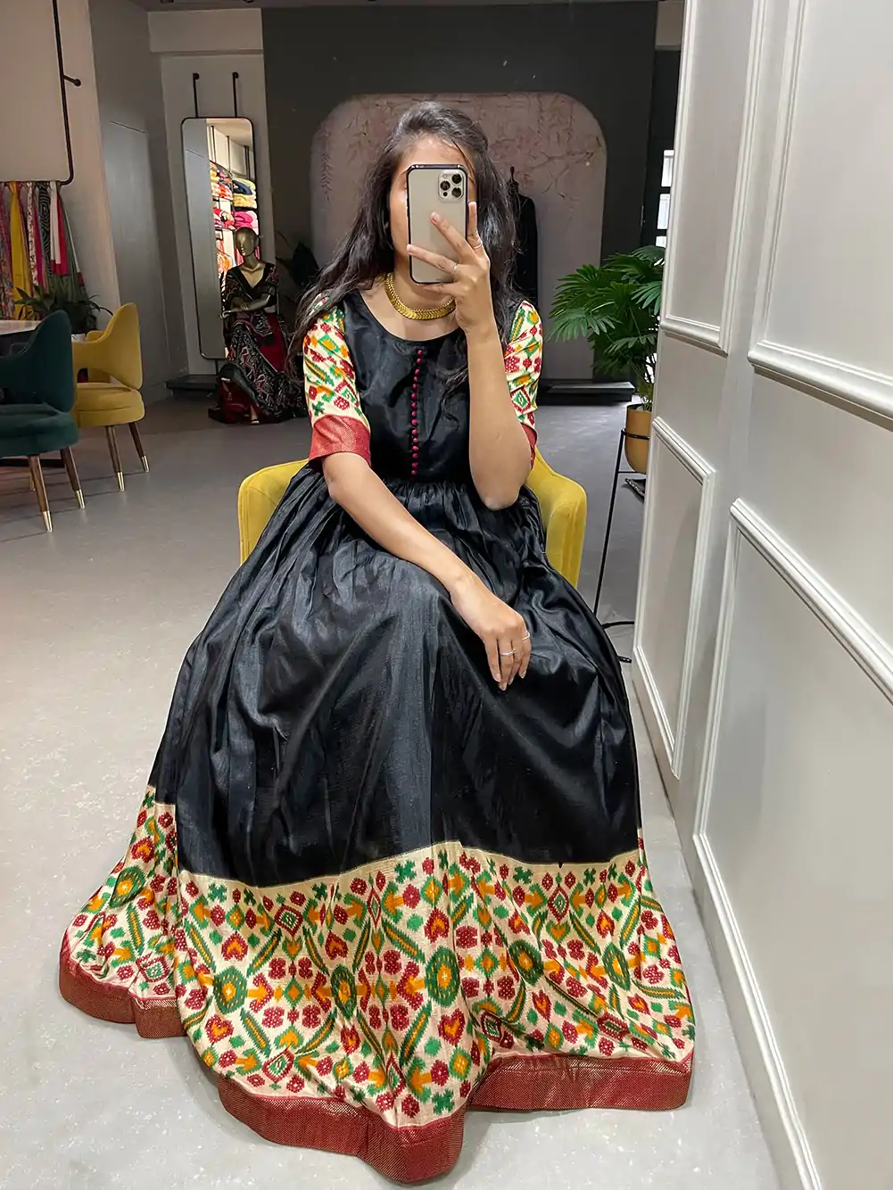 YNF 5033 Black Color Dola Silk Printed Foil Work Gown Casual, Wedding, Festive, Events, Designer Party Wear, Delivery 4-6 Working Days @1749 | Bollywood Gowns, Creative Gowns, Designer Gowns, Embroidered Gowns, Gowns, Party Wear Gowns