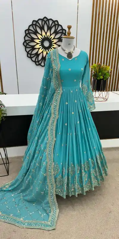 ZF 359 Blue Color Georgette Embroidery Sequence Work Gown Casual, Wedding, Party, Festive, Events Etc. Expected Delivery 4-6 Working Days @1999/- | Bollywood Gowns, Creative Gowns, Designer Gowns, Embroidered Gowns, Gowns, Party Wear Gowns