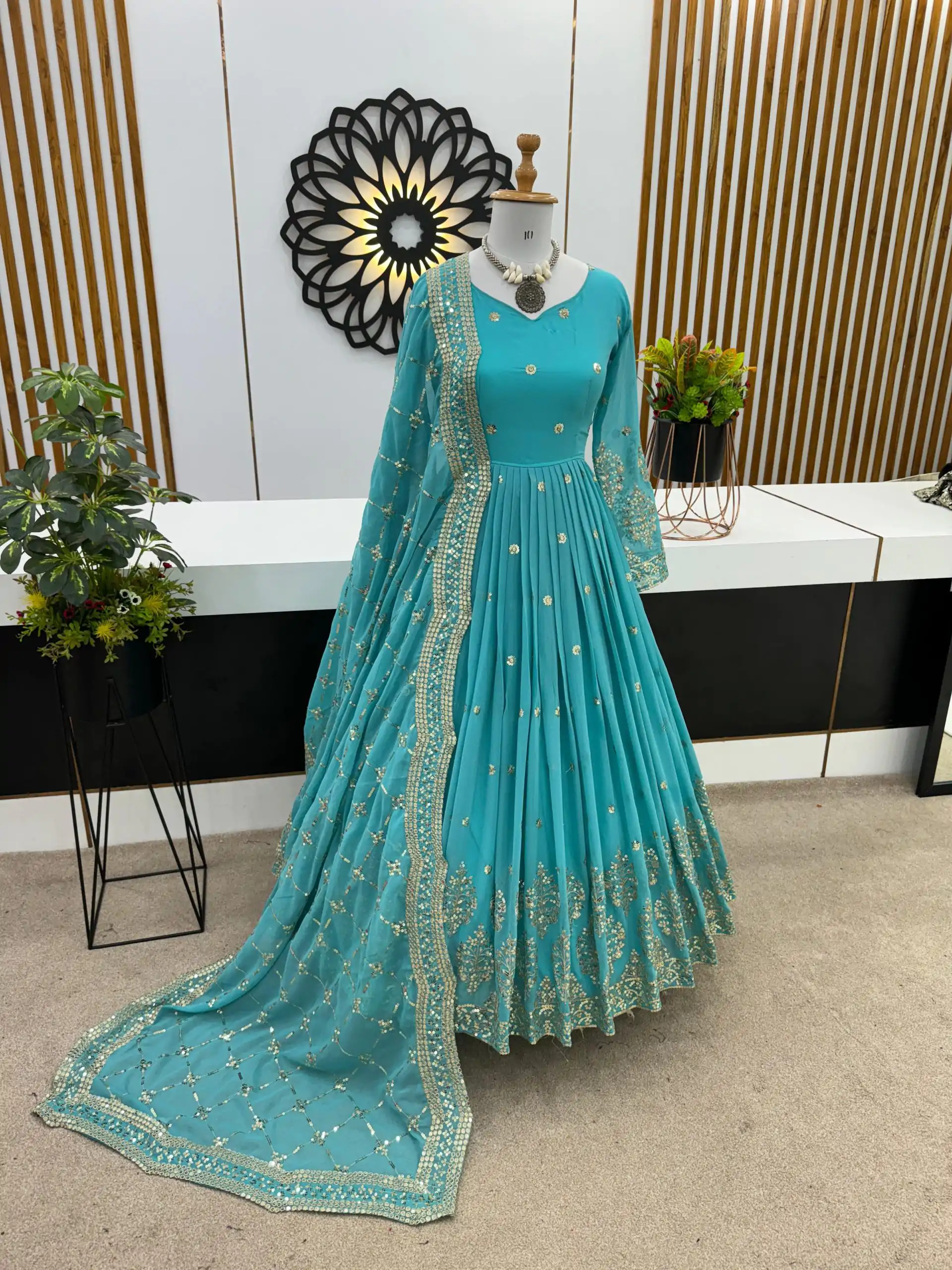ZF 359 Blue Color Georgette Embroidery Sequence Work Gown Casual, Wedding, Party, Festive, Events Etc. Expected Delivery 4-6 Working Days @1999/- | Bollywood Gowns, Creative Gowns, Designer Gowns, Embroidered Gowns, Gowns, Party Wear Gowns