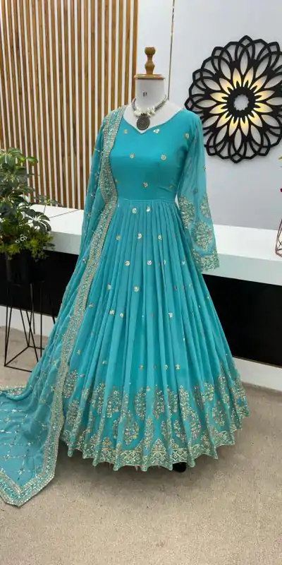 ZF 359 Blue Color Georgette Embroidery Sequence Work Gown Casual, Wedding, Party, Festive, Events Etc. Expected Delivery 4-6 Working Days @1999/- | Bollywood Gowns, Creative Gowns, Designer Gowns, Embroidered Gowns, Gowns, Party Wear Gowns
