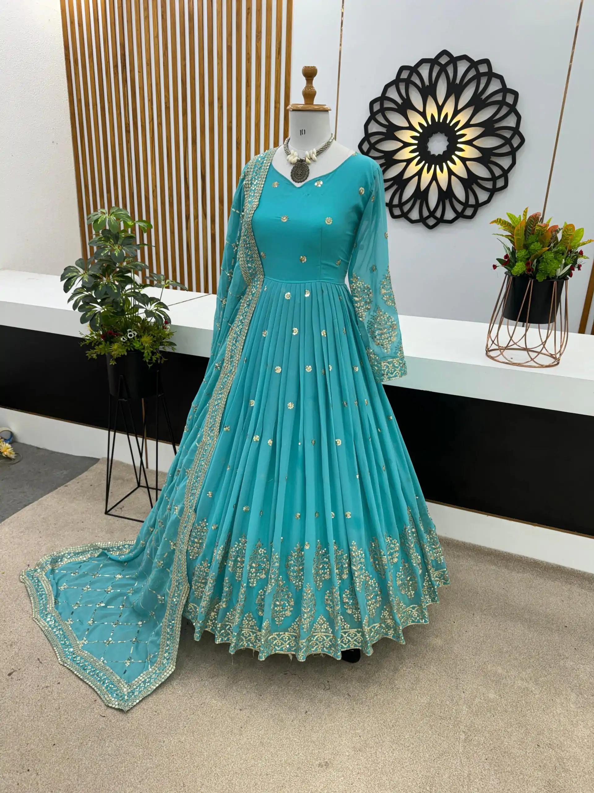 ZF 359 Blue Color Georgette Embroidery Sequence Work Gown Casual, Wedding, Party, Festive, Events Etc. Expected Delivery 4-6 Working Days @1999/- | Bollywood Gowns, Creative Gowns, Designer Gowns, Embroidered Gowns, Gowns, Party Wear Gowns