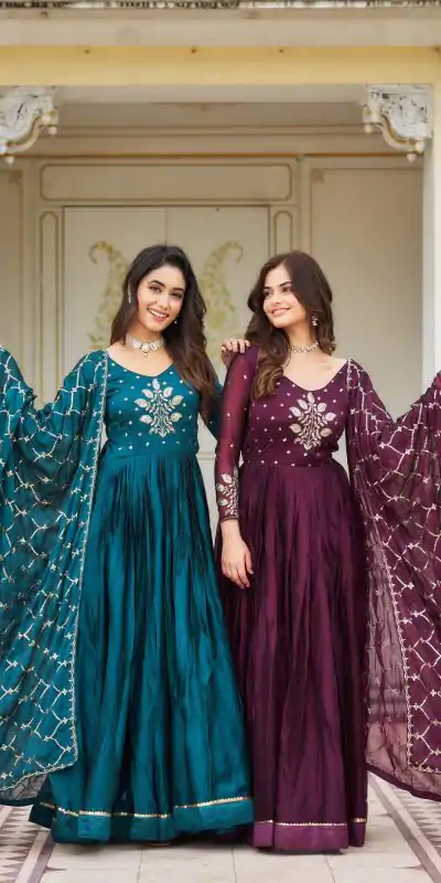 Ram 022 Blue Color Rangoli Sequence Embroidery Gown Casual, Wedding, Festive, Events Expected Delivery 4-6 Working Days @2099/- | Bollywood Gowns, Creative Gowns, Designer Gowns, Embroidered Gowns, Gowns, Party Wear Gowns