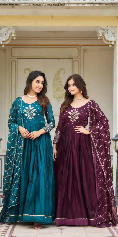 Ram 022 Blue Color Rangoli Sequence Embroidery Gown Casual, Wedding, Festive, Events Expected Delivery 4-6 Working Days @2099/- | Bollywood Gowns, Creative Gowns, Designer Gowns, Embroidered Gowns, Gowns, Party Wear Gowns