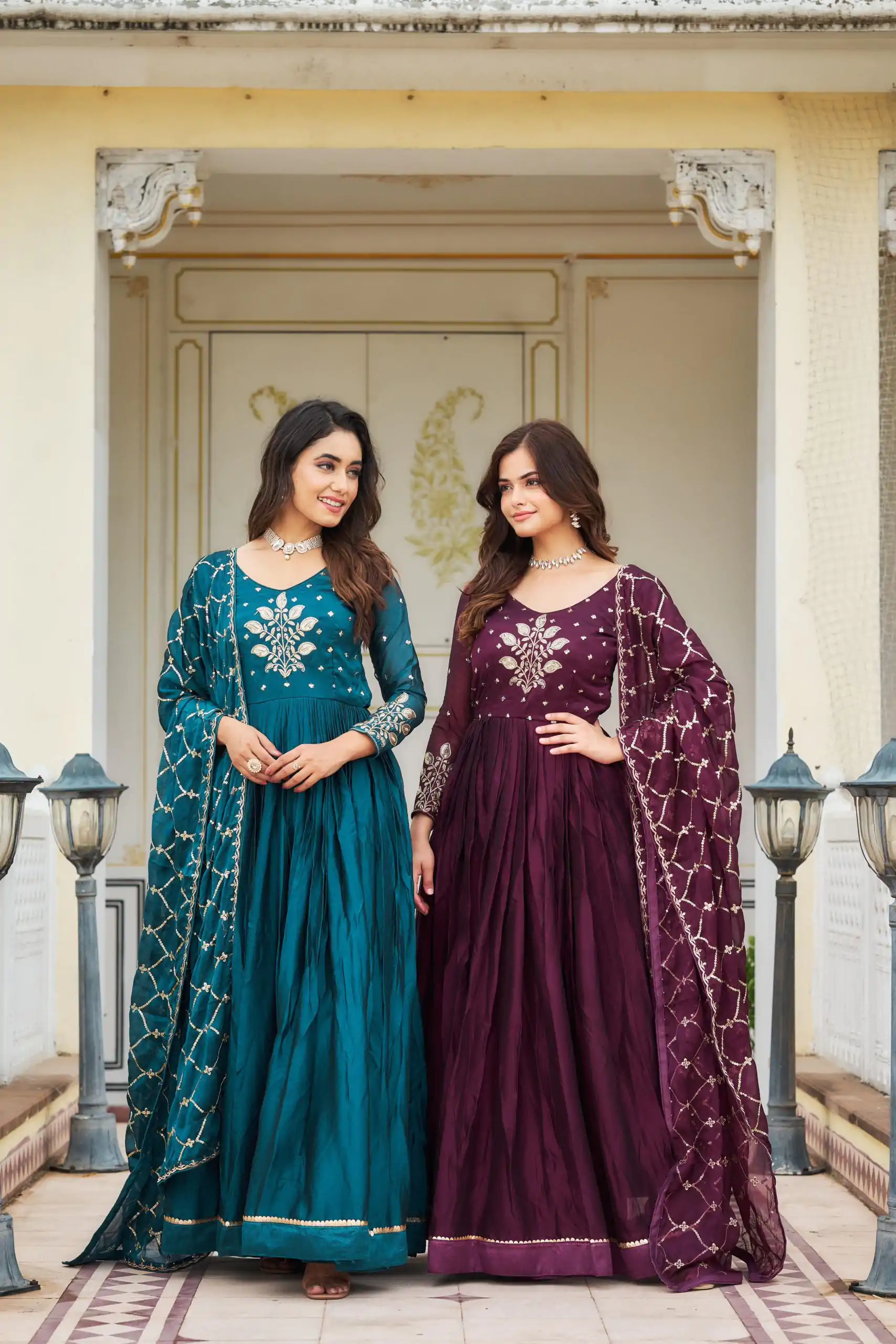 Ram 022 Blue Color Rangoli Sequence Embroidery Gown Casual, Wedding, Festive, Events Expected Delivery 4-6 Working Days @2099/- | Bollywood Gowns, Creative Gowns, Designer Gowns, Embroidered Gowns, Gowns, Party Wear Gowns