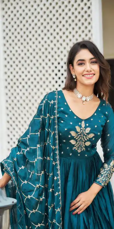 Ram 022 Blue Color Rangoli Sequence Embroidery Gown Casual, Wedding, Festive, Events Expected Delivery 4-6 Working Days @2099/- | Bollywood Gowns, Creative Gowns, Designer Gowns, Embroidered Gowns, Gowns, Party Wear Gowns