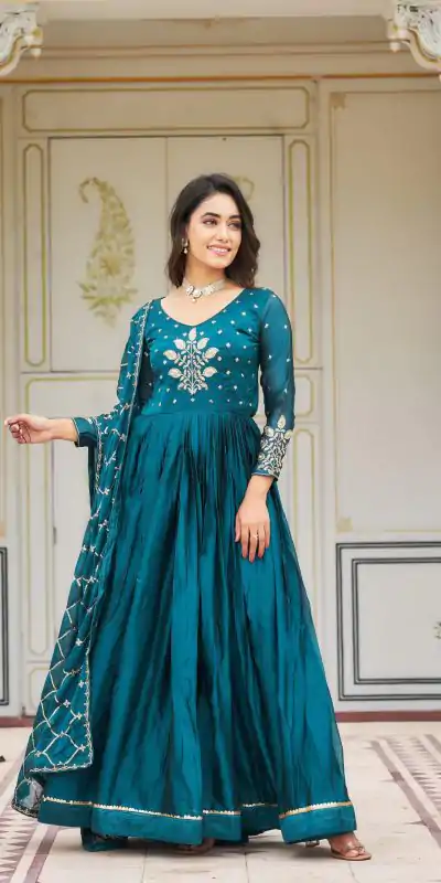 Ram 022 Blue Color Rangoli Sequence Embroidery Gown Casual, Wedding, Festive, Events Expected Delivery 4-6 Working Days @2099/- | Bollywood Gowns, Creative Gowns, Designer Gowns, Embroidered Gowns, Gowns, Party Wear Gowns