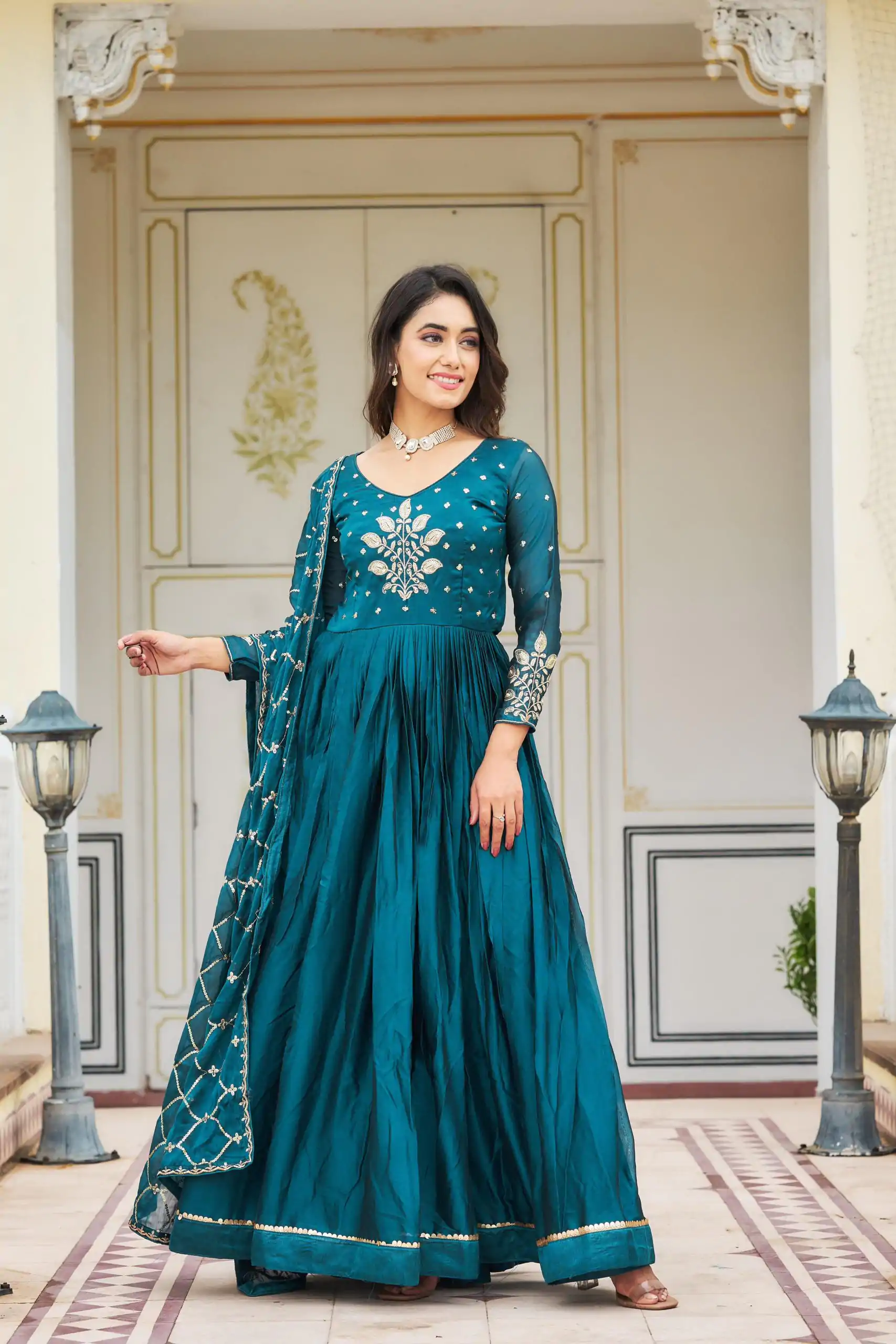 Ram 022 Blue Color Rangoli Sequence Embroidery Gown Casual, Wedding, Festive, Events Expected Delivery 4-6 Working Days @2099/- | Bollywood Gowns, Creative Gowns, Designer Gowns, Embroidered Gowns, Gowns, Party Wear Gowns