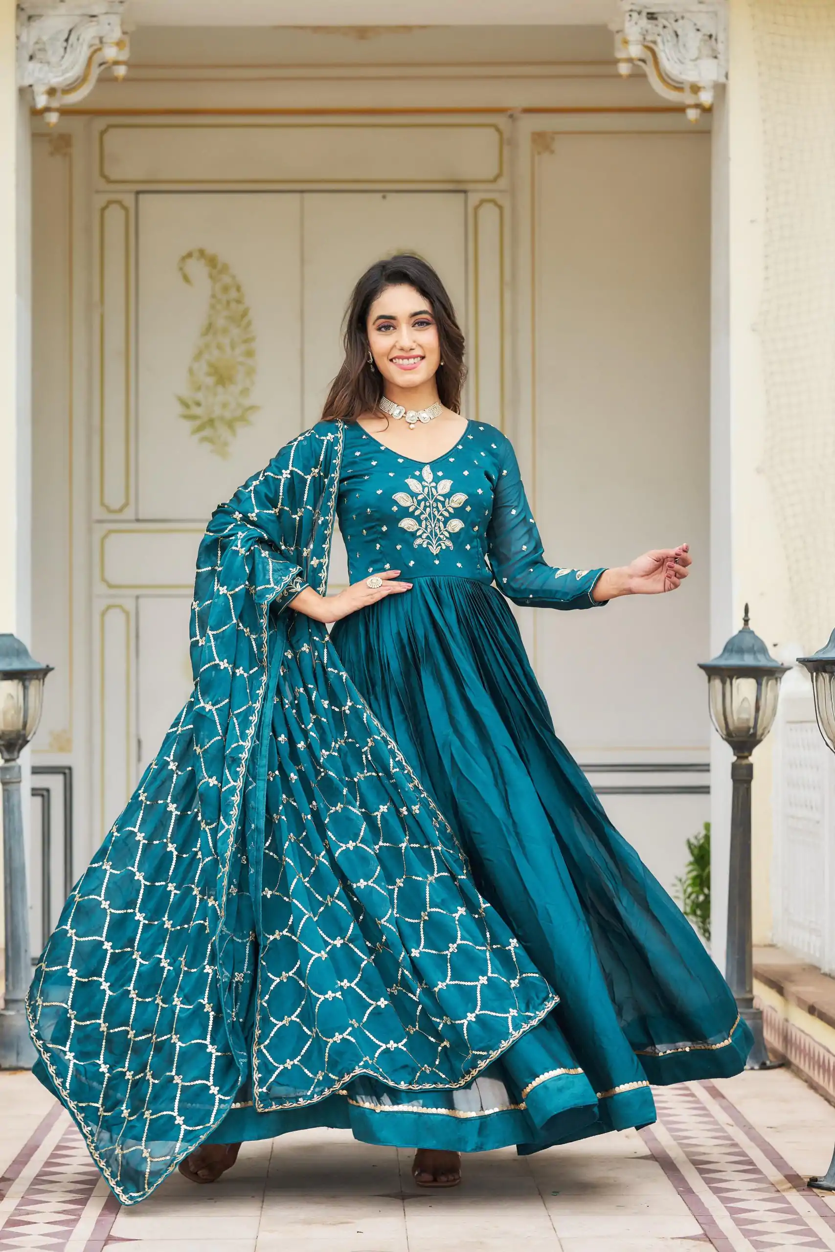 Ram 022 Blue Color Rangoli Sequence Embroidery Gown Casual, Wedding, Festive, Events Expected Delivery 4-6 Working Days @2099/- | Bollywood Gowns, Creative Gowns, Designer Gowns, Embroidered Gowns, Gowns, Party Wear Gowns