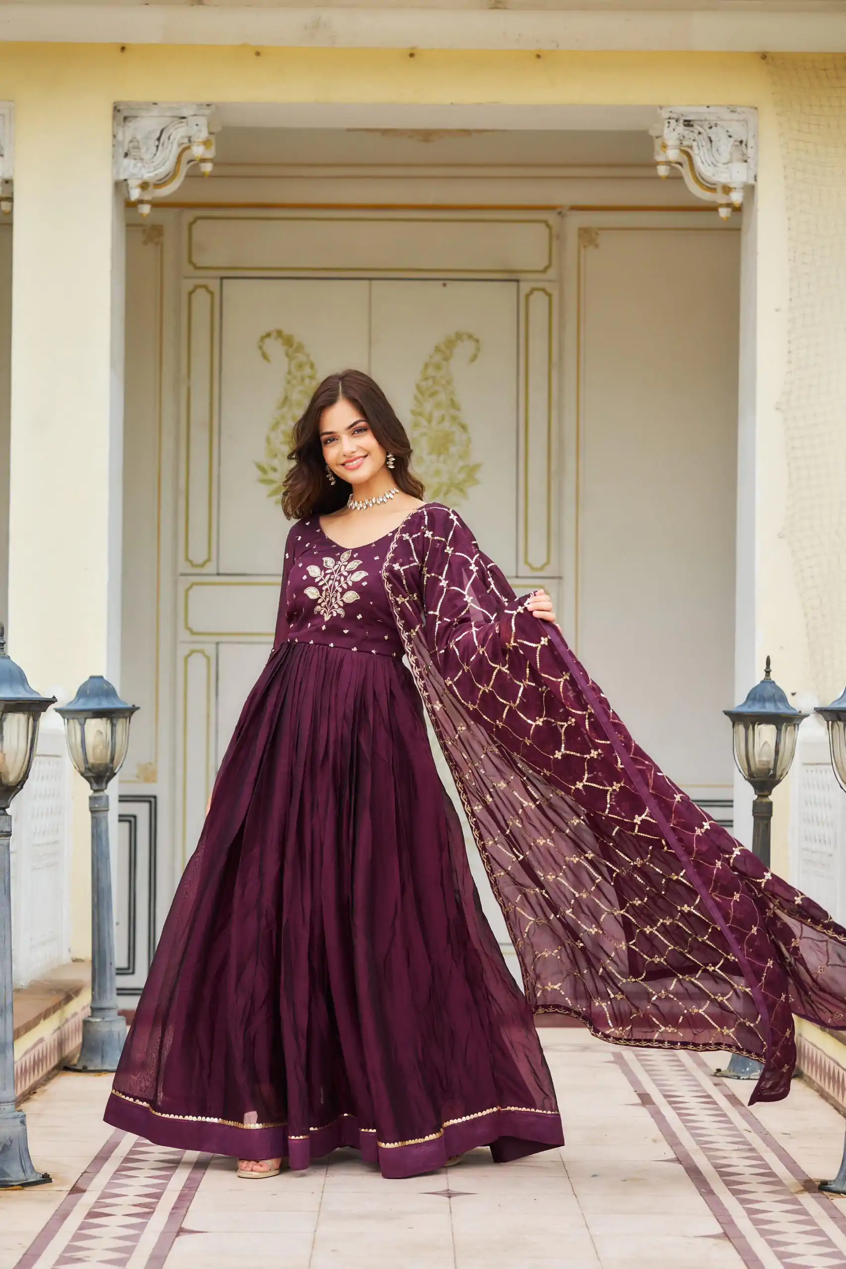 Ram 022 Purple Color Rangoli Sequence Embroidery Gown Casual, Wedding, Festive, Events Expected Delivery 4-6 Working Days @2099/- | Bollywood Gowns, Creative Gowns, Designer Gowns, Embroidered Gowns, Gowns, Party Wear Gowns