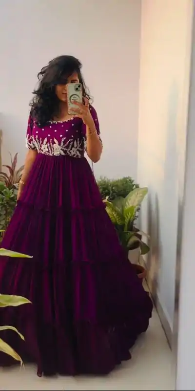 PC 378 Purple Color Fox Georgette Embroidery Thread Gown Casual, Party Wear, Events, Festivals Wear Etc. Expected Delivery 4-6 Working Days @1849/- | Bollywood Gowns, Creative Gowns, Designer Gowns, Embroidered Gowns, Gowns, Party Wear Gowns