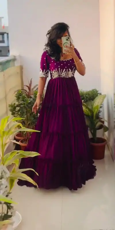 PC 378 Purple Color Fox Georgette Embroidery Thread Gown Casual, Party Wear, Events, Festivals Wear Etc. Expected Delivery 4-6 Working Days @1849/- | Bollywood Gowns, Creative Gowns, Designer Gowns, Embroidered Gowns, Gowns, Party Wear Gowns