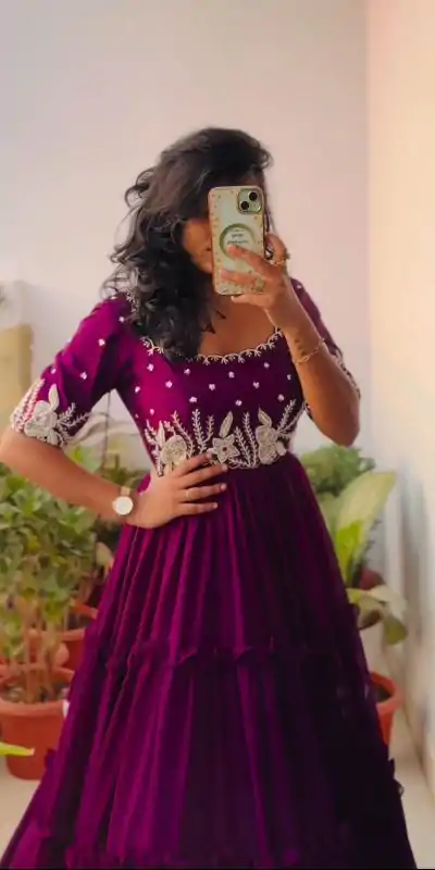 PC 378 Purple Color Fox Georgette Embroidery Thread Gown Casual, Party Wear, Events, Festivals Wear Etc. Expected Delivery 4-6 Working Days @1849/- | Bollywood Gowns, Creative Gowns, Designer Gowns, Embroidered Gowns, Gowns, Party Wear Gowns
