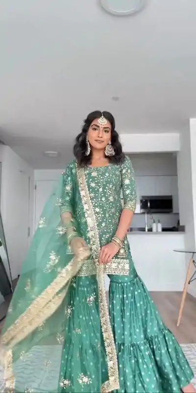 KD 1351 Green Color Satin Thread Sequence Digital Print Salwar Suit Casual, Party, Wedding, Festive, Events Etc. Expected Delivery 4-6 Working Days @2099/- | Casual Suits, Creative suits, Designer Suits, Palazzo Suits, Party Wear Suits, Patiala Suits, Salwar suit, Straight Suits