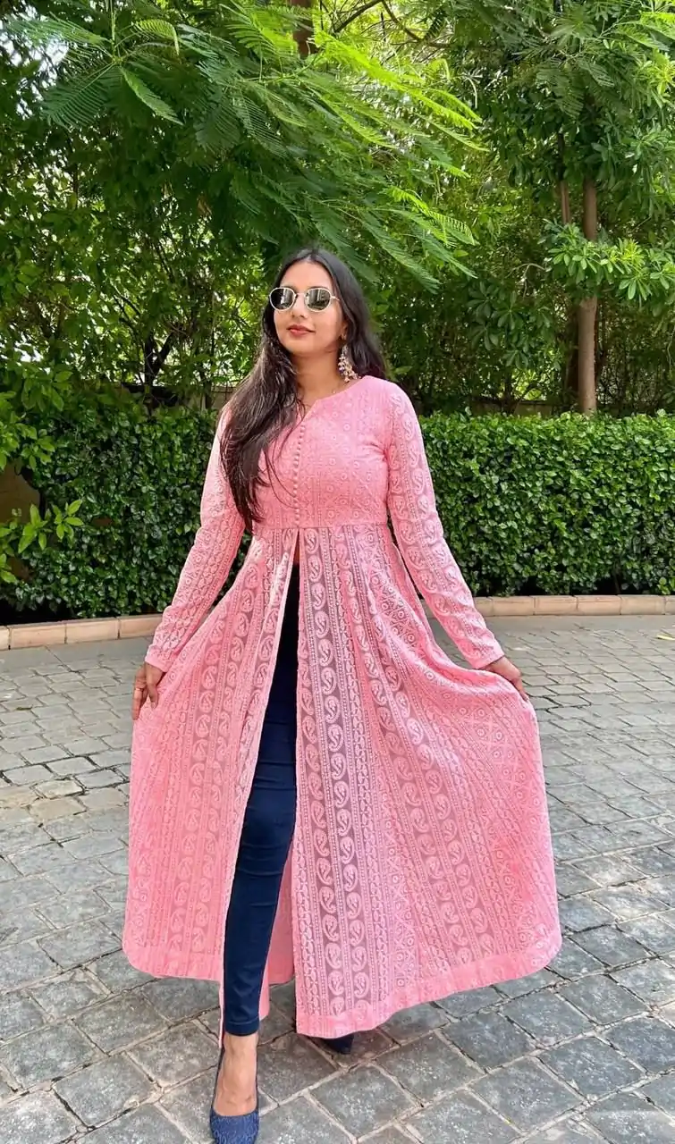 RTC 5611 Pink Color Foux Georgette Chikankari Petal Button Kurti Casual, Wedding, Party, Festive, Events. Expected Delivery 4-6 Working Days @1949/- | Bollywood Kurti, Creative Kurtis, Designer Kurti, Kurti, Party Wear Kurti, Selfie Kurti