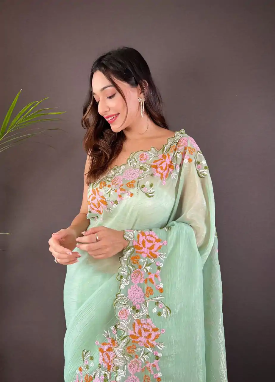 BT 3117 Light Green Color Soft Glossy Silk Embroidery Saree Casual, Party Wear, Traditional Wear, Wedding Wear, Events Etc.@1999/- | Bollywood Sarees, Creative Sarees, Designer Sarees, Ethnic Saree, Modern Digital sarees, Party Wear Sarees, Sarees